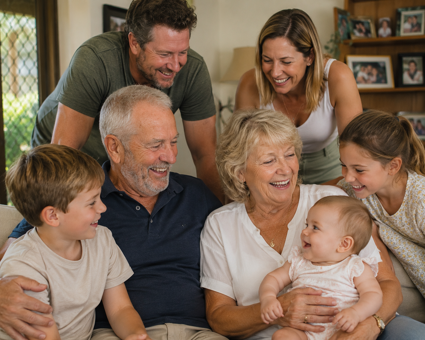 Three generations of an Australian family at home — grandparents, parents, and grandchildren sharing a moment together